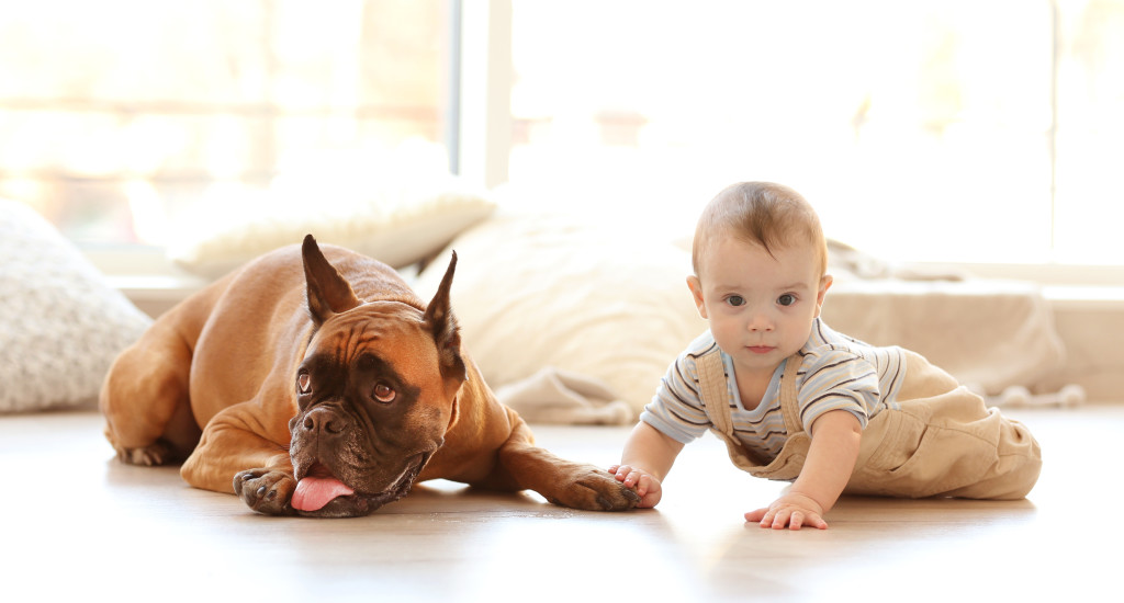 baby and dog on floor